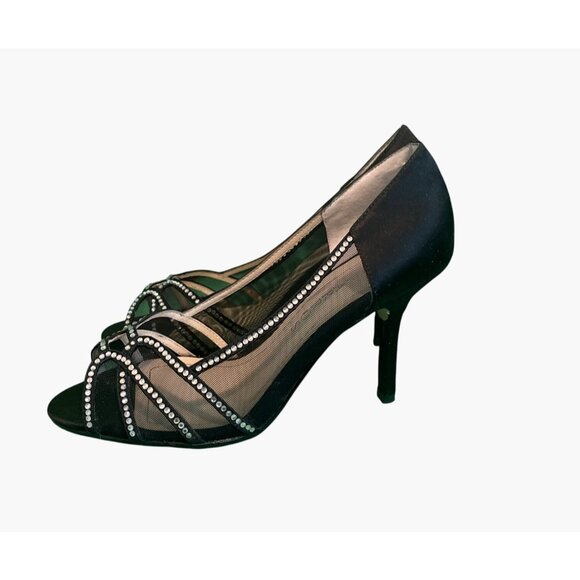 Caparros Black Satin & Mesh Rhinestone Open-Toe Heels Womens Size 8 - Picture 2 of 6